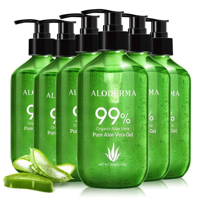 Aloderma 99% Organic Aloe Vera Gel Made within 12 Hours of Harvest - Lightweight, Non-Sticky Aloe Gel for Face Body, Hair, & Scalp, After Sun Relief, Natural, Soothing Hydrating Aloe Gel, 10.6oz