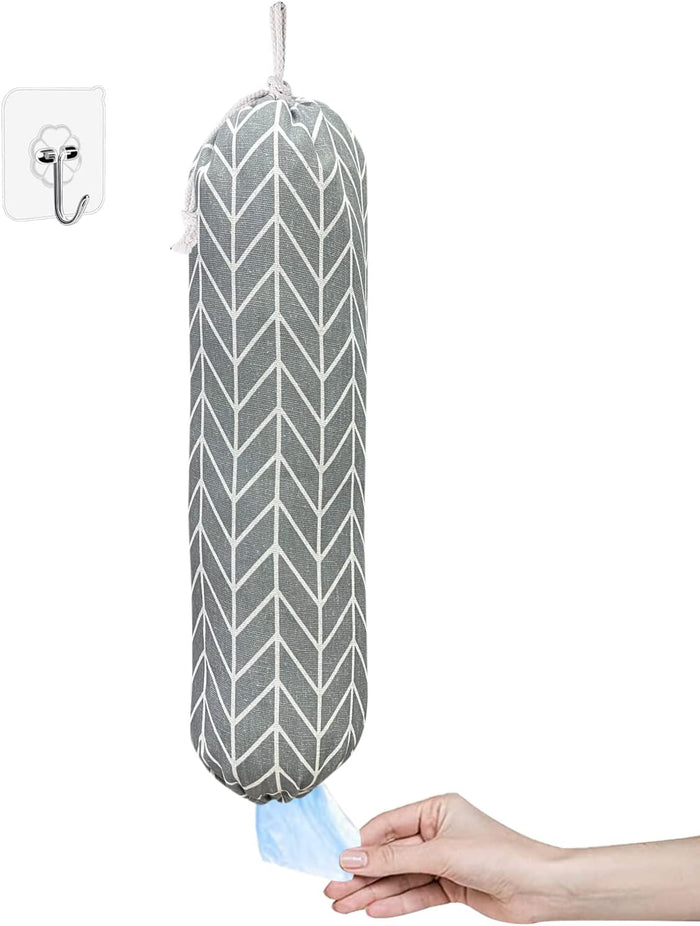 SYIPO Plastic Bag Holder, Wall Mount Organizer, Shopping Bags Carrier, Washable Large Grocery Storage Dispenser for Home Kitchen Travelling, Free Adjustment with Drawstring (Check Gray)