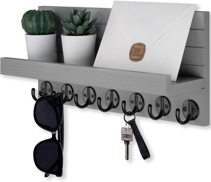 Key Holder Wall Mount, Entryway Key and Mail Holder with 7 Sturdy Hooks for Sunglasses, Dog Leash, Decorative Wall Shelf with Mounting Hardware, 15”W x 6.7”H x 4.2”D