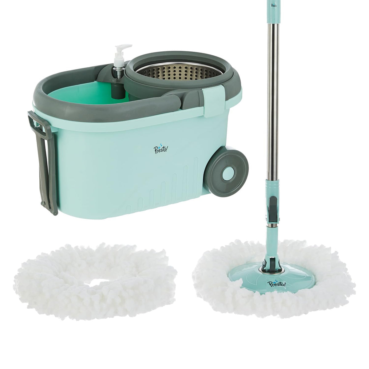 Amazon Brand - Presto! Elite Spin Mop with Steel Wringer and Auto-fold Handle, Chestnut, 2 Refills