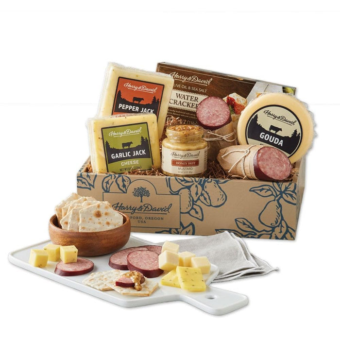 Harry & David Ultimate Meat And Cheese Gift Box, Food Gift Basket, Charcuterie Platter With 4 Cheese Blocks, 4 Sausages, 5 Sets Of Crackers, Sesame Sticks, Relish & Honey Mustard Sauces