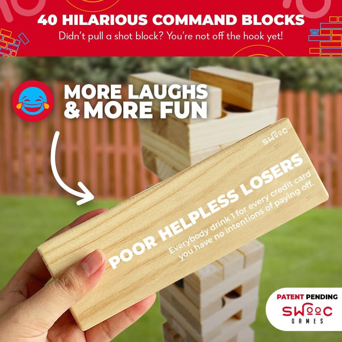 SWOOC Games - Giant Tower Party Game with Hidden Jello Shots - Includes Disposable Cups, Lids & Carrying Case - Stacks up to 5ft - Tipsy Topple Game for Adults - Giant Outdoor Games - Jumbo Bar Fun
