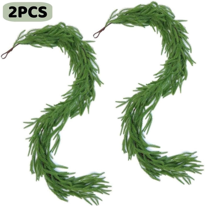 2Pcs 6Ft Artificial Norfolk Pine Garlands Greenery Garland Faux Green Garland for Fireplace Table Mantle Wall Stairs Window Christmas Decoration Indoor Outdoor