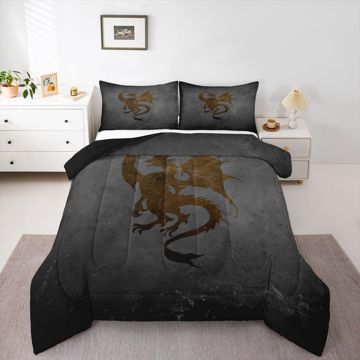 Feelyou Kids Boho Dragon Comforter Set Queen Size, Black Dragon Bedding Set Sun and Moon Duvet Insert Boys Girls Wildlife Teens Bedroom Decor Bed Set 3Pcs