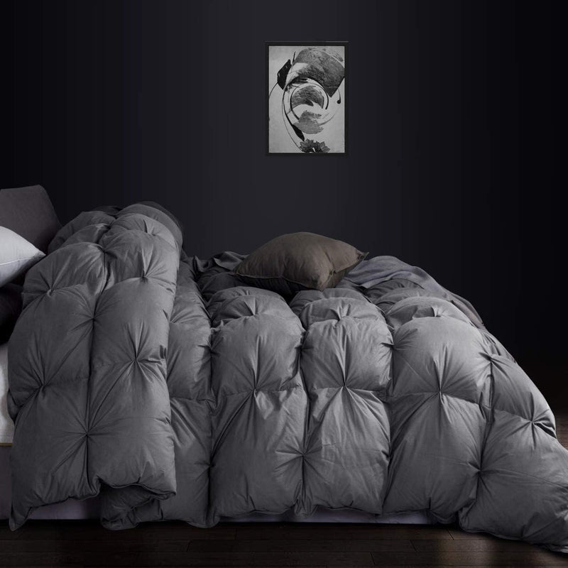 Luxurious All-Season Goose Down Feather Fiber Comforter King Size Duvet Insert, Exquisite Black Pinch Pleat Design, Premium Baffle Box, 100% Egyptian Cotton Cover, 70 oz. Fill Weight, Black