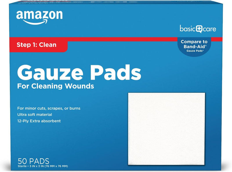 Amazon Basic Care Gauze Pads, 4x4 inches Sterile Medical Wound Dressing Sponges for Cleaning, Covering, & Cushioning Cuts & Minor Injuries, 50 Count (Pack of 1), (Previously All Health)