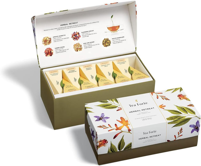 Tea Forte Tea Sampler Presentation Box, 20 Assorted Handcrafted Pyramid Tea Infuser Bags, Tea Tasting Assortment: Black, White, Green, Herbal