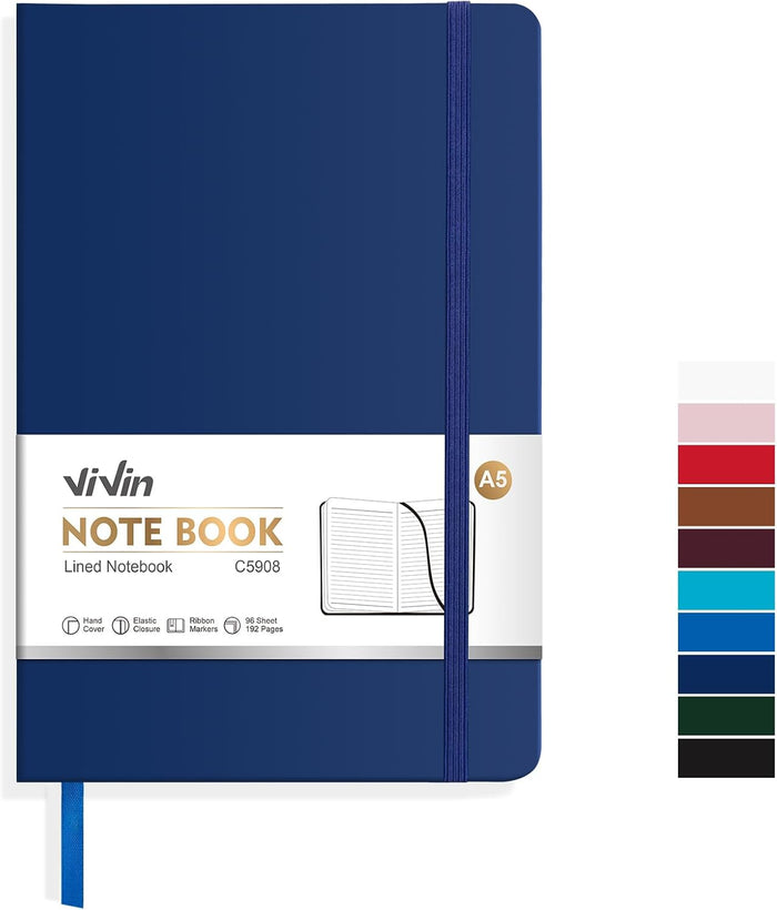 ViVin Lined Journal Notebooks, 3 Pack, (Black, Navy, Brown), 192 Pages, Medium 5.5 x 8.3 inch, College Ruled, A5 Hardcover Notebooks, Journaling Notebooks for Work, Writing, School