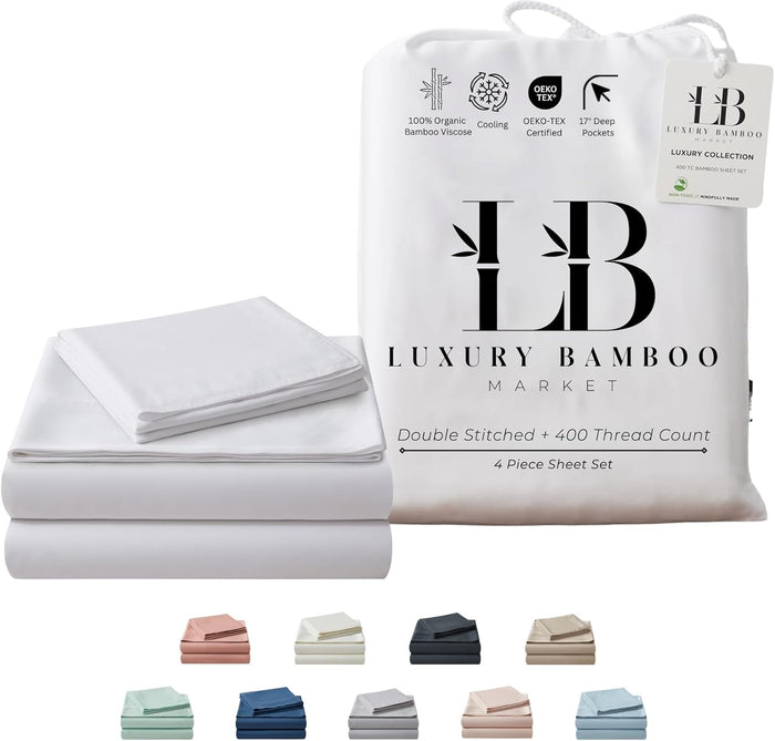 Luxury Bamboo Market | Queen Size Bed Sheet Set | 100% Viscose Made from Bamboo | Organically Grown | Ultra Soft | Cooling Sheets for Hot Sleepers | 17" Deep Pocket [Opulent Ivory]