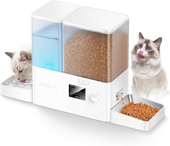 Rojeco 36Cups/8.5L Pet Automatic Cat Feeder and Gravity Water Dispenser,Stainless Steel Bowls 2-in-1 Set Large Capacity 5L Food Feeder and 3.5L Water Fountain for Cats,Pets,Small Dogs,Puppies,Kittens