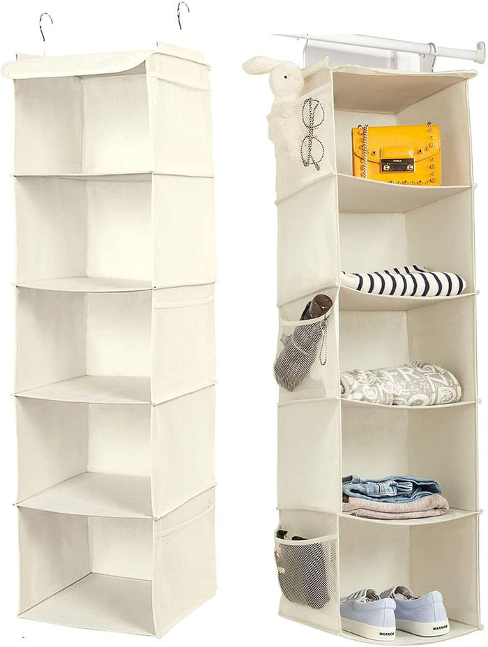2 Pack Hanging Closet Organizer, 5 Shelves Hanging Storage with 6 Side Pockets for Clothes Shoes, 43"x12"x12"(Black)