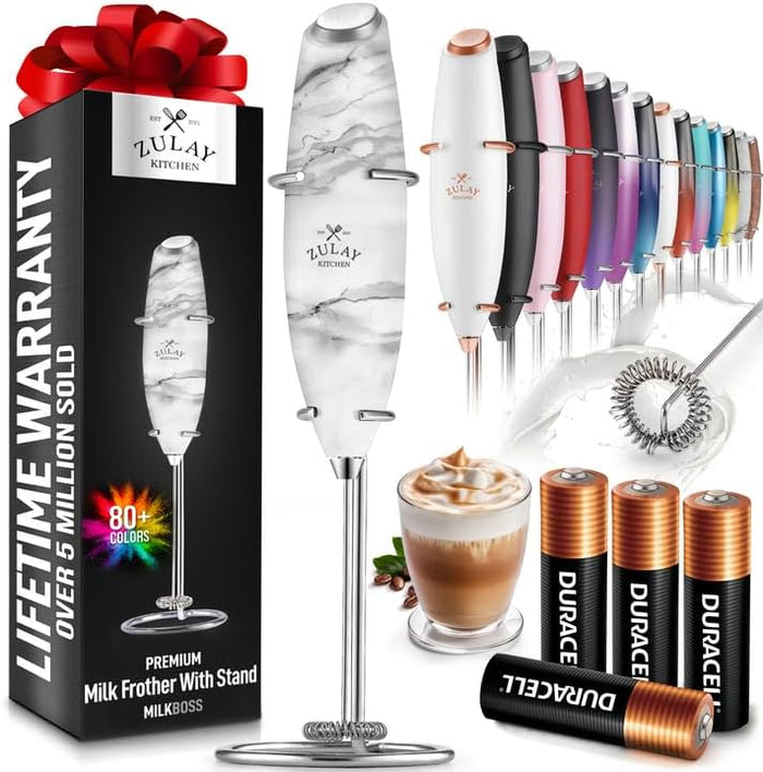 Zulay Kitchen Powerful Milk Frother Wand With 2 Duracell Batteries - Ultra Fast Handheld Drink Mixer - Electric Whisk Foam Maker for Coffee, Lattes, Cappuccino, Matcha, Hot Chocolate & Creamer - Black