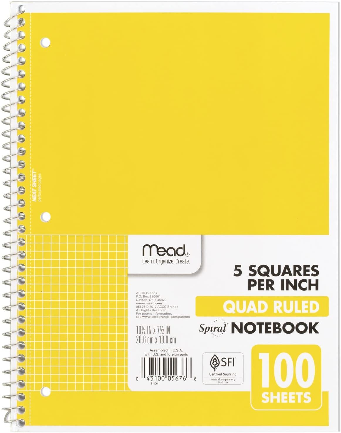 Mead Spiral Notebook, 1 Subject, Graph Ruled Paper, 7-1/2" x 10-1/2", 100 Sheets, Green (05676AC5)