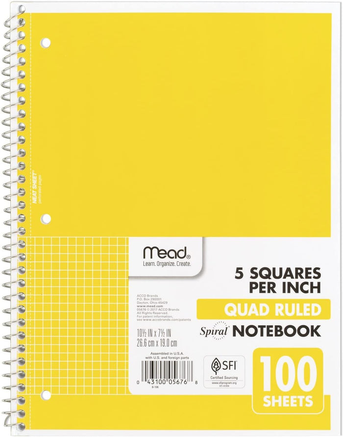 Mead Spiral Notebook, 1 Subject, Graph Ruled Paper, 7-1/2" x 10-1/2", 100 Sheets, Green (05676AC5)