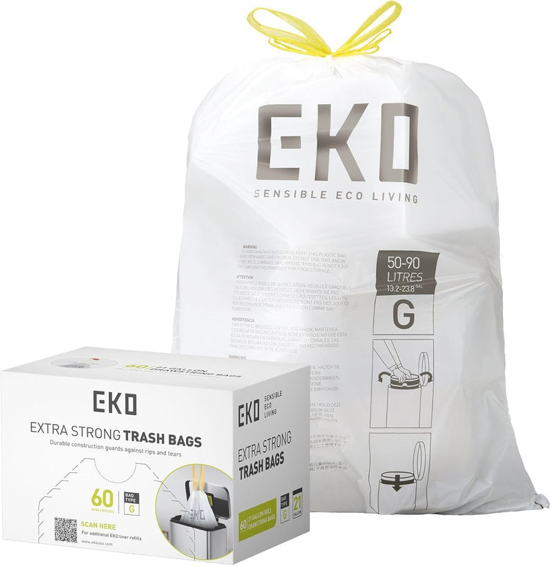 EKO 12.9 Gallon / 45-49 Liter, 110 Count Drawstring Trash Bags, Extra-Strong Unscented Garbage Bags, Easy-Dispense Roll for Kitchen & Household Use, Resists Tears, Leaks and Punctures, Code J, White