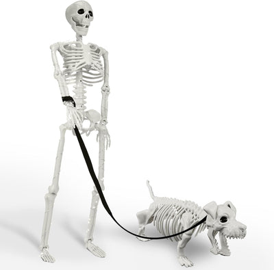 Lighted Human & Dog Skeleton Halloween Decorations Outdoor/Indoor - 36 Inch Realistic Full Body Movable Posable Skeleton Spooky Halloween Decor for Garden Yard Porch Indoor Party Haunted Graveyard