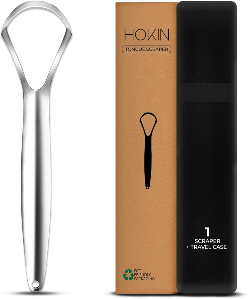 Tongue Scraper for Adults by HOKIN (2Pcs Oral Care Pack) Stainless Steel Tongue Cleaners Reduce Bad Breath 100% Metal Tough Scrapers Men and Women Hygiene Product