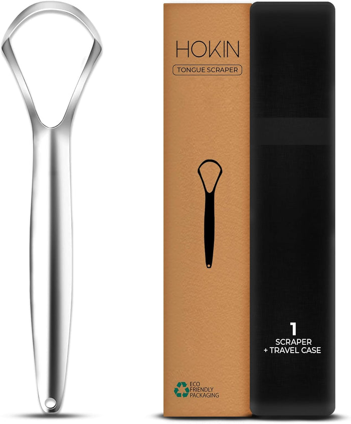 Tongue Scraper for Adults by HOKIN (2Pcs Oral Care Pack) Stainless Steel Tongue Cleaners Reduce Bad Breath 100% Metal Tough Scrapers Men and Women Hygiene Product
