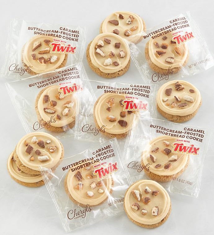 Cheryl's Cookies Caramel Buttercream-Frosted Shortbread Cookies with TWIX® Cookie Bar Pieces, Kosher, Signature Gift Box, Individually Wrapped, Gourmet, Handmade, Any Occasion, Family, Friends, Loved Ones, 12 count