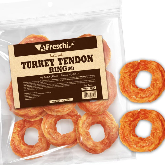 AFreschi Turkey Tendons for Dogs, USA-Sourced, Healthy Dog Treats, Rawhide-Free Puppy Chews, Long Lasting, All Natural, Hypoallergenic Dog Treats for Medium Breeds, 20 Count Box Ring (M)