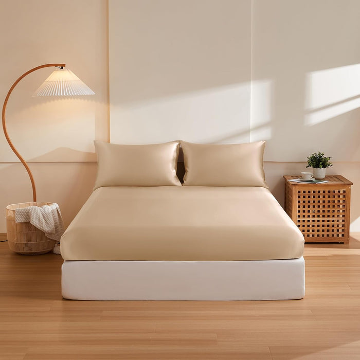 THXSILK 6A+ Top Grade 100% Pure Mulberry Silk Full Fitted Sheet 3Pcs Set Bed Sheets Luxury Bedding for Hair and Skin Healthy Natural Materials, 1 Fitted Sheet with 2 Pillowcases, Champagne