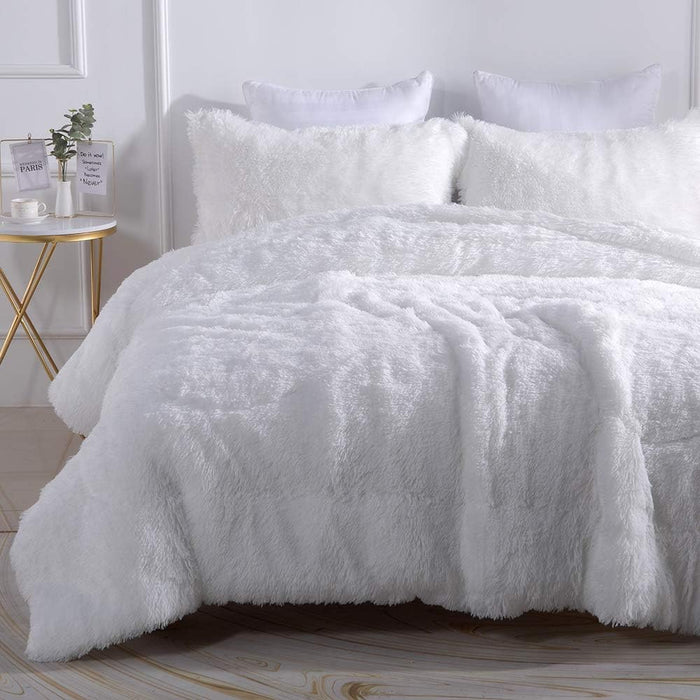 Wajade Faux Fur Plush Galaxy Blue Comforter Set Fluffy Fuzzy Shaggy Bedding Set - 3PC Full Size Microfiber Soft Warm Quilt Set