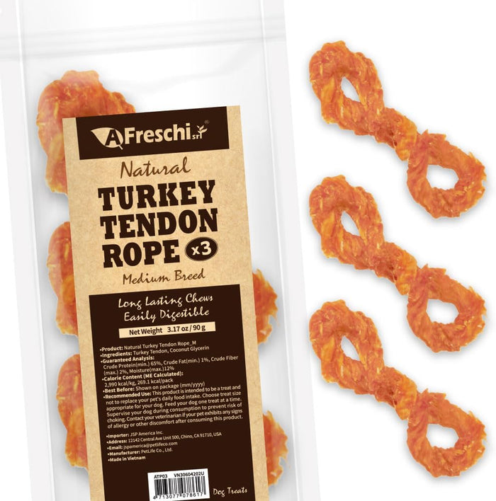 AFreschi Turkey Tendons for Dogs, USA-Sourced, Healthy Dog Treats, Rawhide-Free Puppy Chews, Long Lasting, All Natural, Hypoallergenic Dog Treats for Medium Breeds, 20 Count Box Ring (M)
