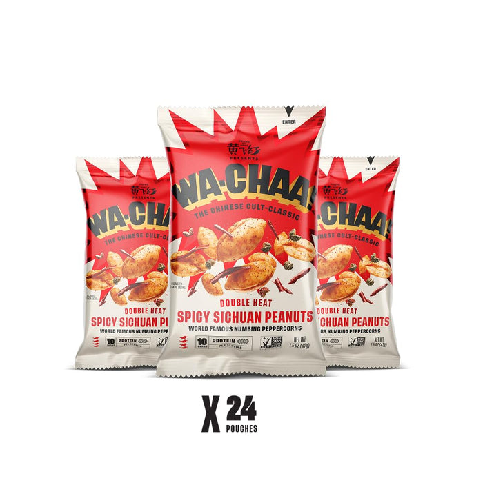 WA-CHAA! Spicy Sichuan Peanuts, Numbing Mala Peppercorns, Toasted Chili Flakes, Protein-Packed, Party Snacks, Non-GMO, On-The-Go Travel Size 1.5 Oz (24 Pack, Double Heat)