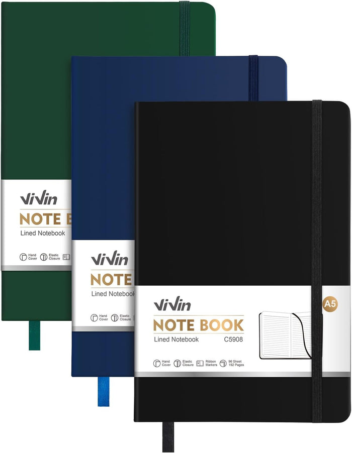 ViVin Lined Journal Notebooks for Work, 192 Pages, Medium 5.5 x 8.3 inch, College Ruled, A5 Hardcover Journaling Notebooks for Writing, 8 Pack Bulk,Black