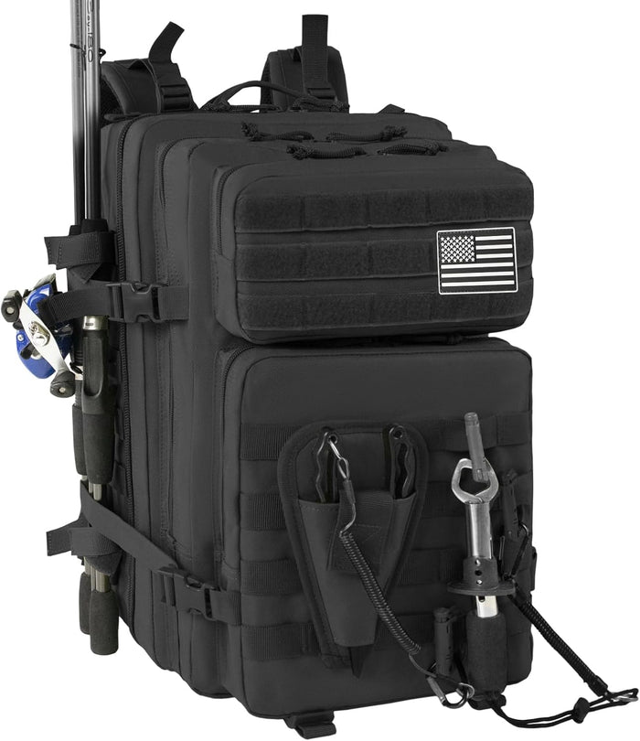 Large 45L Tactical Fishing Tackle Backpack with Removable Plier Holder & Rod Holders Storage Fishing Gear and Equipment Tackle Bag Hiking Backpack without Tackle Boxes Khaki