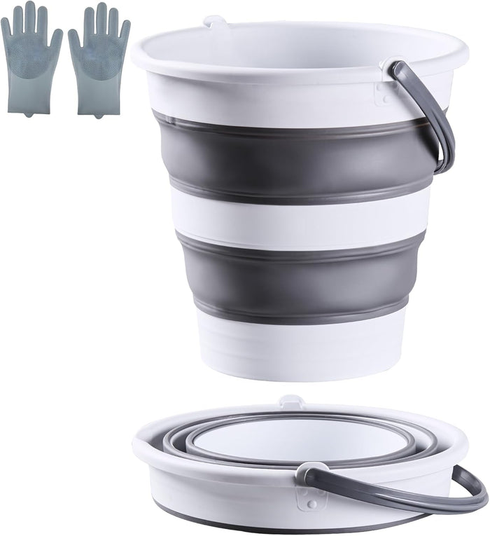 10L /2.6 Gal Large Collapsible Bucket with Handle - Portable Silicone Mop Bucket for Cleaning, Camping, Car Washing - Space-Saving for Outdoor, Fishing, Household – Pair of Silicone Gloves for Free