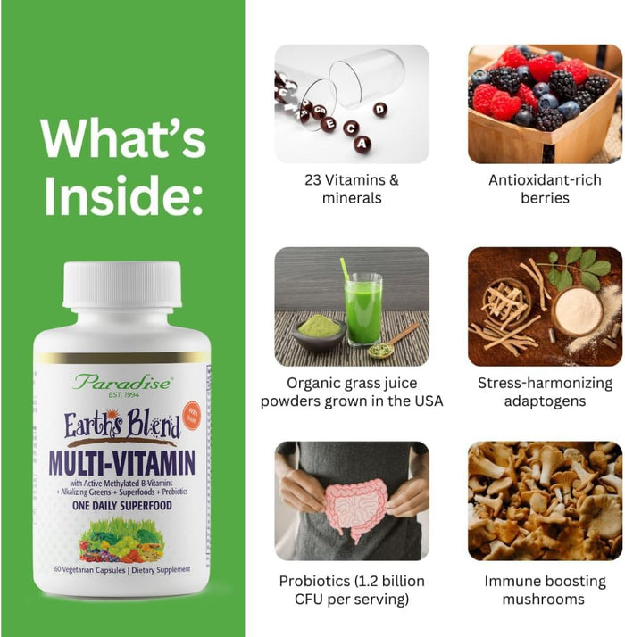 Paradise Herbs Earth's Blend Women's Once Daily Multivitamin with Iron, 48 Organic Superfoods, Probiotics, Antioxidants, Vitamins A, B12, C, D, K2, 60 Capsules