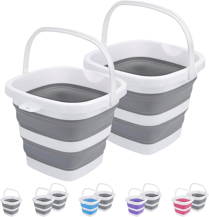 2 Pack Collapsible Buckets 5L 1.3Gallon Small Cleaning Bucket for Household Portable Plastic Bucket Outdoor Car Washing Tub Foldable Camping Beach Sand Water Pot Pail Space Saving Square Grey and Blue