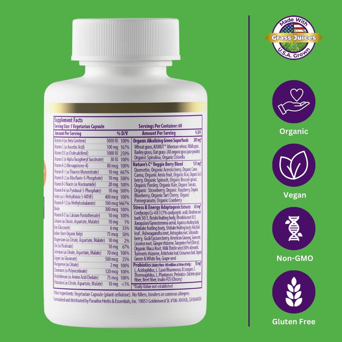 Paradise Herbs Earth's Blend Women's Once Daily Multivitamin with Iron, 48 Organic Superfoods, Probiotics, Antioxidants, Vitamins A, B12, C, D, K2, 60 Capsules