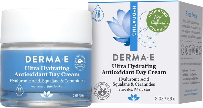 Derma E Ultra Hydrating Antioxidant Day Cream – Face Moisturizer with Hyaluronic Acid, Squalane, and Ceramides to Smooth and Nourish, Hydrating Face Moisturizer for Sensitive Skin, 2 Fl Oz