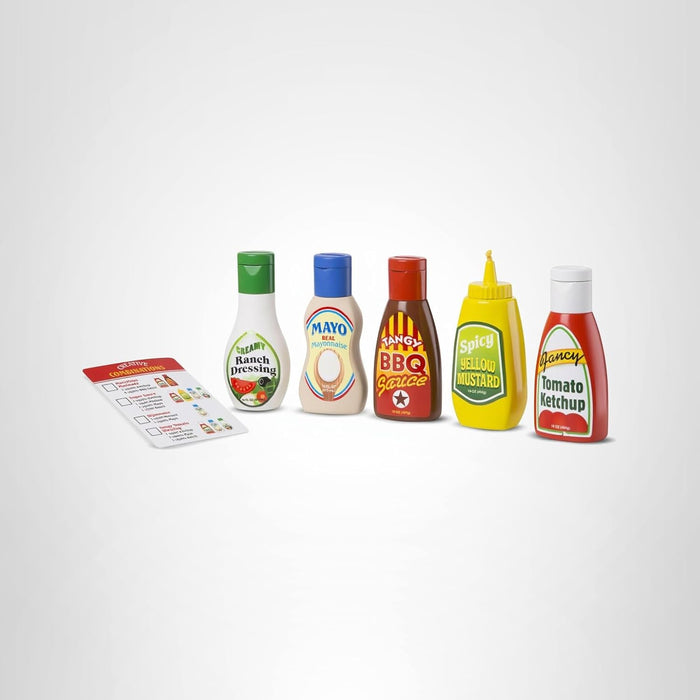 Melissa & Doug 5-Piece Favorite Condiments Play Food Set Play Ketchup and Mustard Bottles, Pretend Food Set for Kids Ages 3+