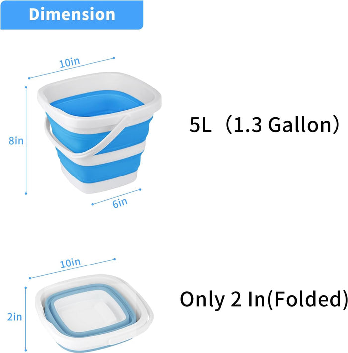 2 Pack Collapsible Buckets 5L 1.3Gallon Small Cleaning Bucket for Household Portable Plastic Bucket Outdoor Car Washing Tub Foldable Camping Beach Sand Water Pot Pail Space Saving Square Grey and Blue