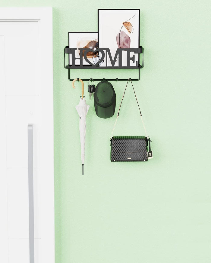 Key Holder for Wall - Key Rack with 5 Key Hooks, 11.02" L×2.75" W×4.92" H, Key and Mail Organizer Wall Mount with Mesh Basket, Key Hanger for Wall, Entryway, Home Decor(Matte Black)