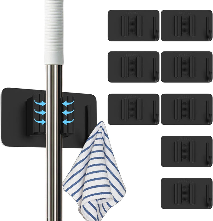 Stainless Steel Mop Holder Wall Mount – 4 Pack Heavy-Duty Broom Organizer with Strong Grip, Adhesive or Nail-Free Glue Installation for Bathroom, Kitchen, Garage