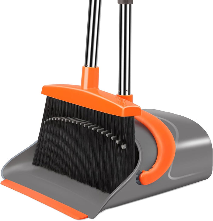 Broom and Dustpan Set for Home, Dust pan with Long Handle, Broom with Dustpan Combo Set, for Home Kitchen Room Office Lobby Floor Use Upright Stand Up Sweeping (Gray&Green)
