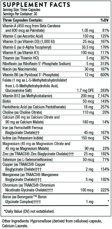THORNE - Basic Prenatal - Well-Researched Folate Multi for Pregnant and Nursing Women Includes 18 Vitamins and Minerals, Plus Choline - Gluten, Dairy & Soy-Free - 90 Capsules - 30 Servings