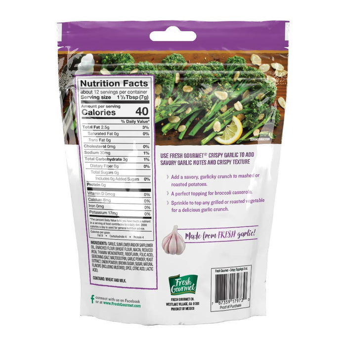 Fresh Gourmet Crispy Lightly Seasoned Crispy Garlic | 3 Ounce, Pack of 6 | Low Carb | Crunchy Snack and Salad Topper