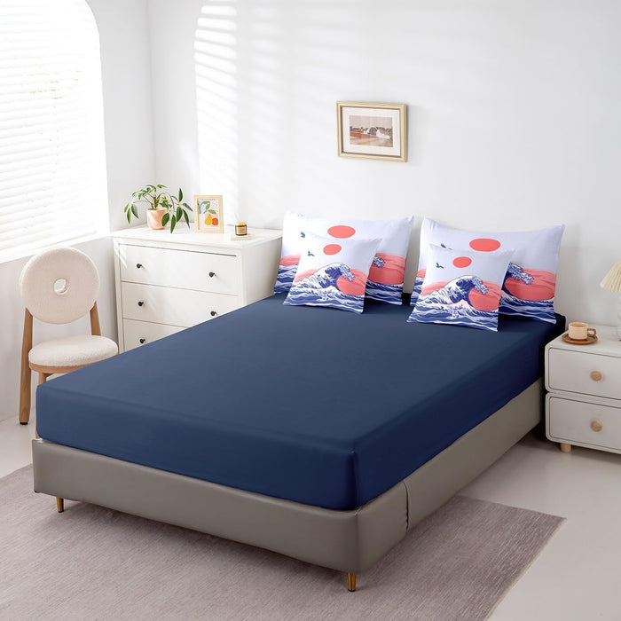 Feelyou Japanese Wave Bed Set Boys Girls for Kids Women Men Twin Size Ocean Wave 7 Pieces Beeding Set Ultra Soft Sunset Bed in a Bag with Comforter, Sheets, Pillowcases Sea Waves Room Decor Bird