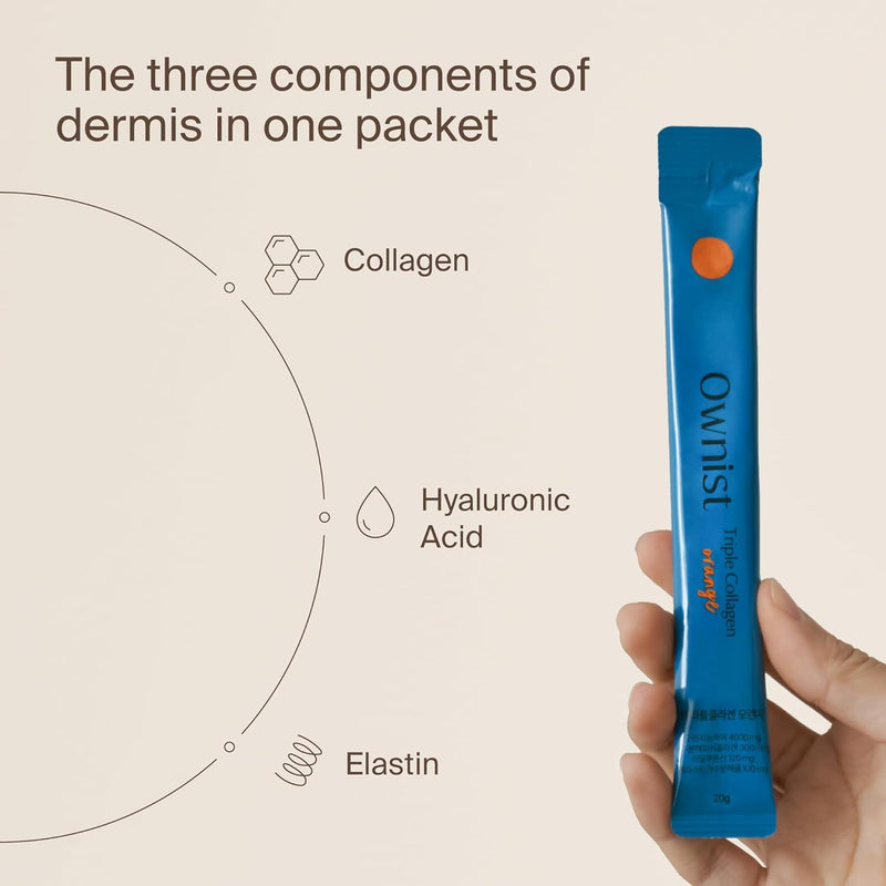 Ownist Triple Collagen Liquid Packets On-The-Go - Peptides with Hydrolyzed Marine Collagen, Elastin, Hyaluronic Acid and Vitamin for Healthy Skin - Orange Flavor - 84 Individual Stick Packs (6 Boxes)