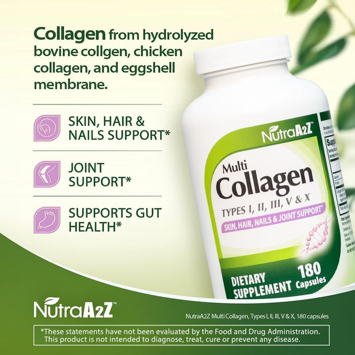 Multi Collagen Pills 1735mg -180 Collagen Capsules (60 Servings) - Types I, II, III, V & X for Healthy Skin, Hair, Nails & Joint Support