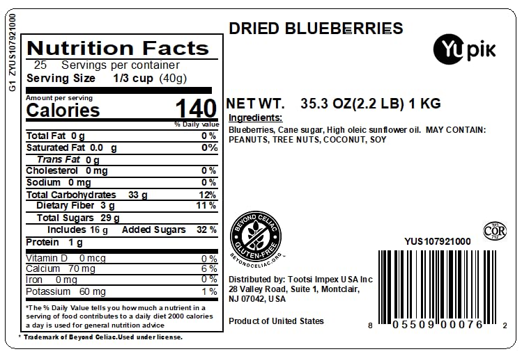 Yupik Dried Blueberries, 2.2 lb (35.2 oz), Gluten-Free, Kosher, Sweet Dried Fruits, Whole Berries, No Sulphites, Source of Fiber & Vitamins, Healthy Snacks, Ideal for Baking & Topping