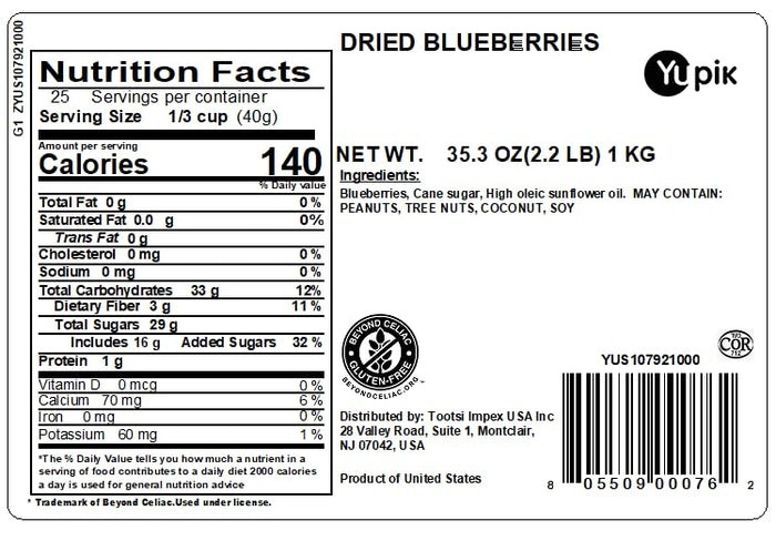 Yupik Dried Blueberries, 2.2 lb (35.2 oz), Gluten-Free, Kosher, Sweet Dried Fruits, Whole Berries, No Sulphites, Source of Fiber & Vitamins, Healthy Snacks, Ideal for Baking & Topping