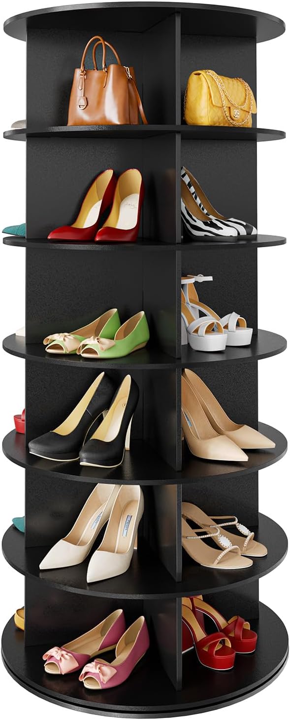 SpaceAid 7 Tier Rotating Shoe Rack Tower, Spinning Shoe Display Lazy Susan, Revolving 360 Shoe Rack Storage Round Carousel, Vertical Handbag Rotate Shoes Closet Organization (7-Tier White)