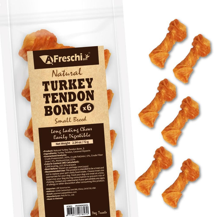 AFreschi Turkey Tendons for Dogs, USA-Sourced, Healthy Dog Treats, Rawhide-Free Puppy Chews, Long Lasting, All Natural, Hypoallergenic Dog Treats for Small Breeds, 40 Count Box Bone (S)