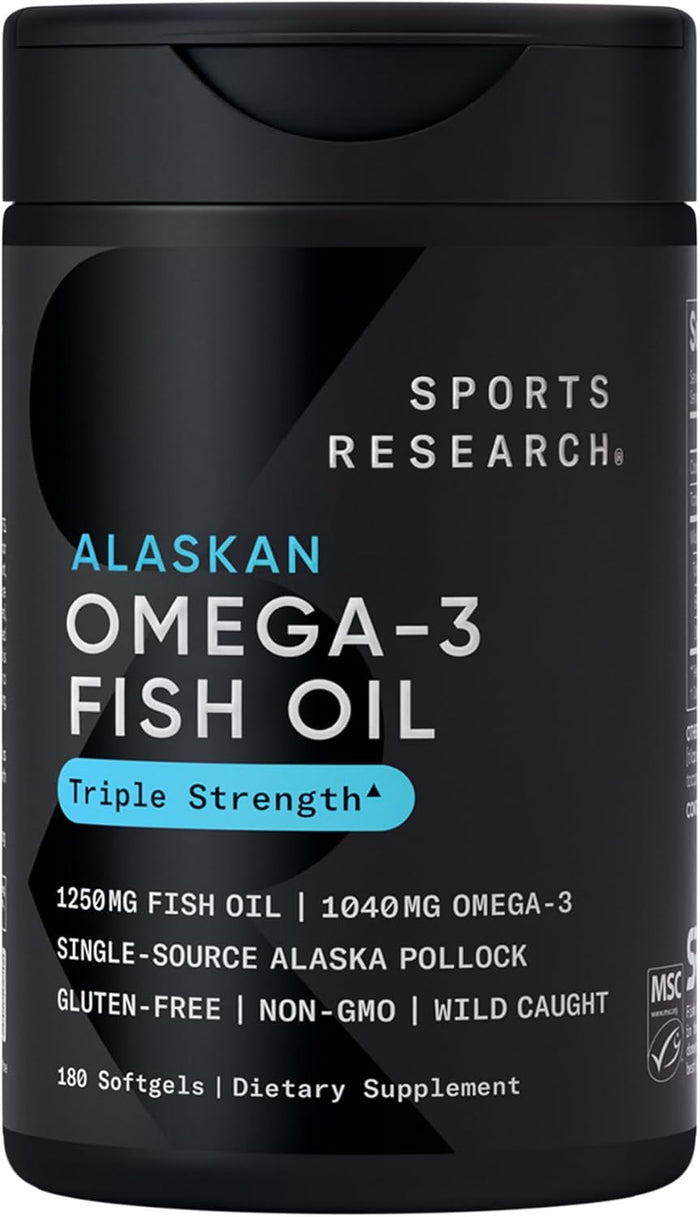 Sports Research Triple Strength Omega 3 Fish Oil - Burpless Fish Oil Supplement w/EPA & DHA Fatty Acids from Single-Source Wild Alaskan Pollock - 1250 mg, 90 ct